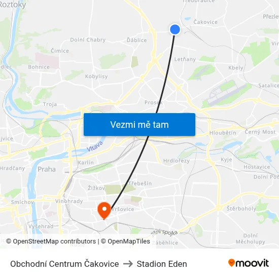 Obchodní Centrum Čakovice to Stadion Eden map