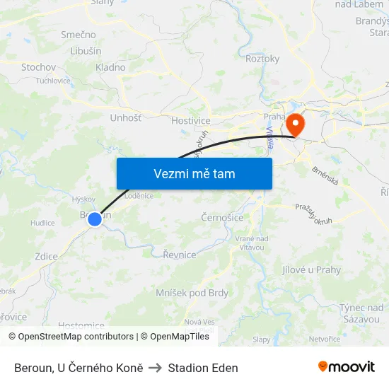 Beroun, U Černého Koně to Stadion Eden map