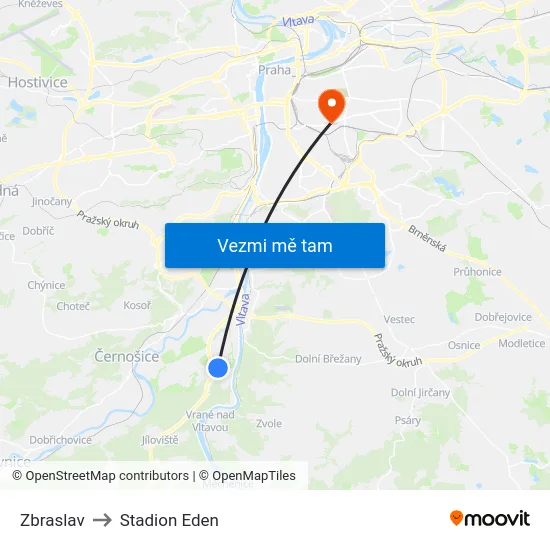Zbraslav to Stadion Eden map