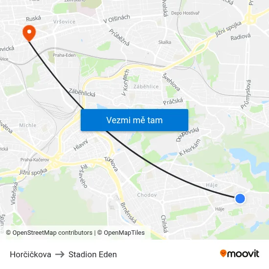 Horčičkova to Stadion Eden map