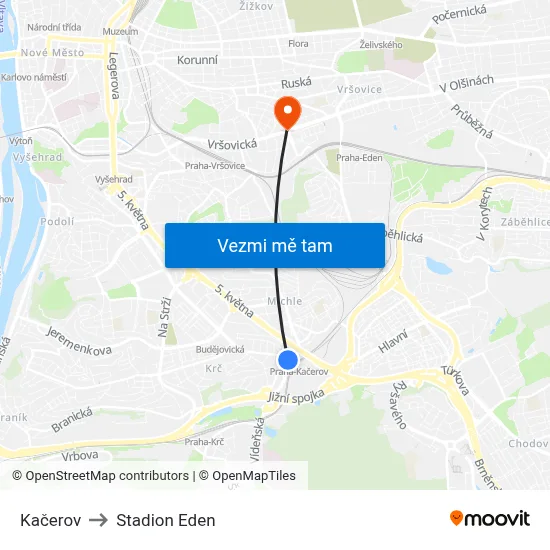 Kačerov to Stadion Eden map