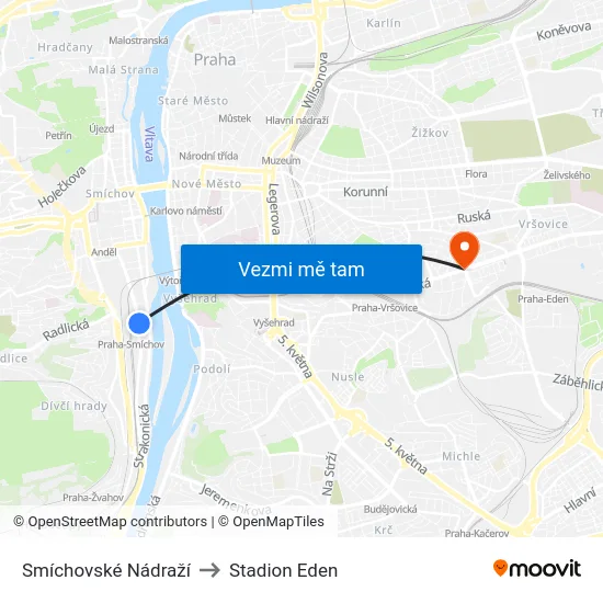 Smíchovské Nádraží to Stadion Eden map
