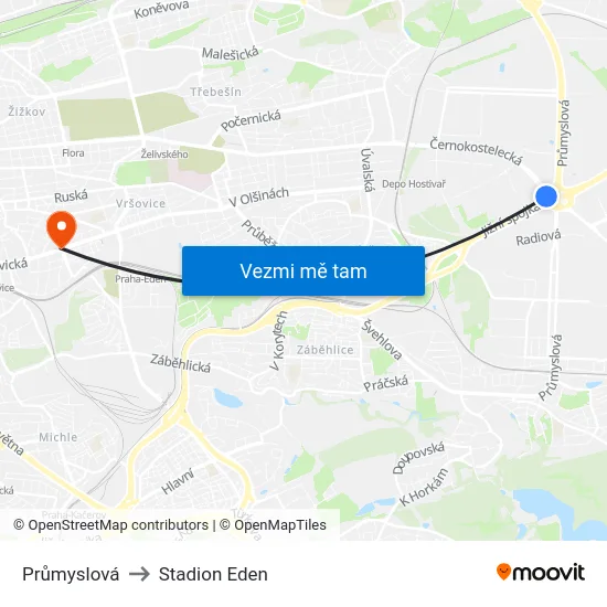 Průmyslová to Stadion Eden map
