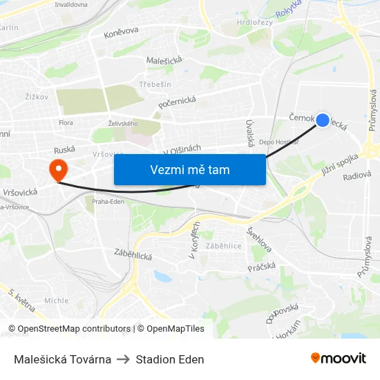 Malešická Továrna to Stadion Eden map