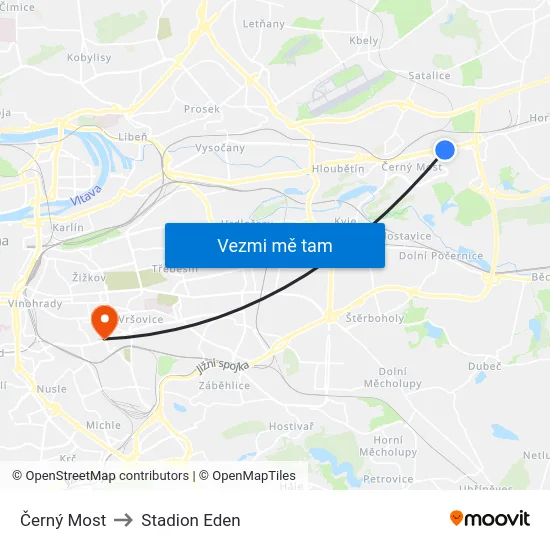 Černý Most to Stadion Eden map