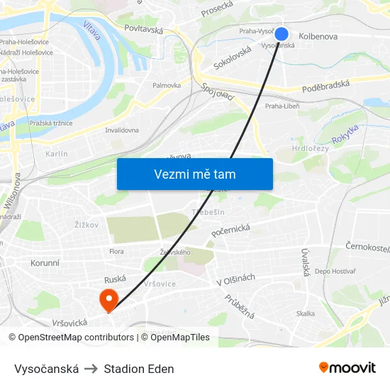 Vysočanská to Stadion Eden map