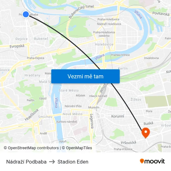 Nádraží Podbaba to Stadion Eden map