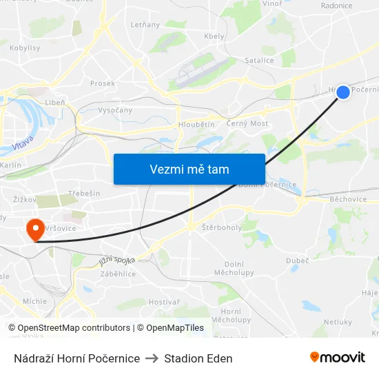 Nádraží Horní Počernice to Stadion Eden map