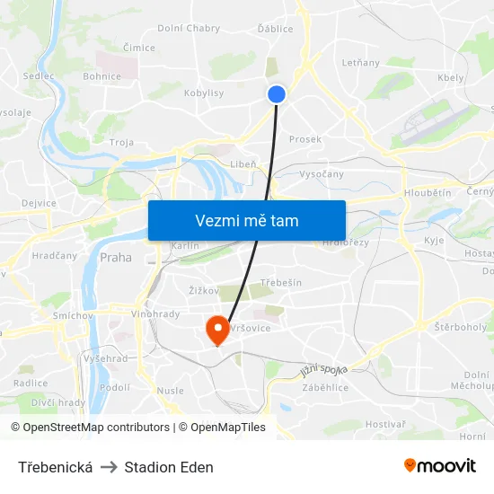 Třebenická to Stadion Eden map