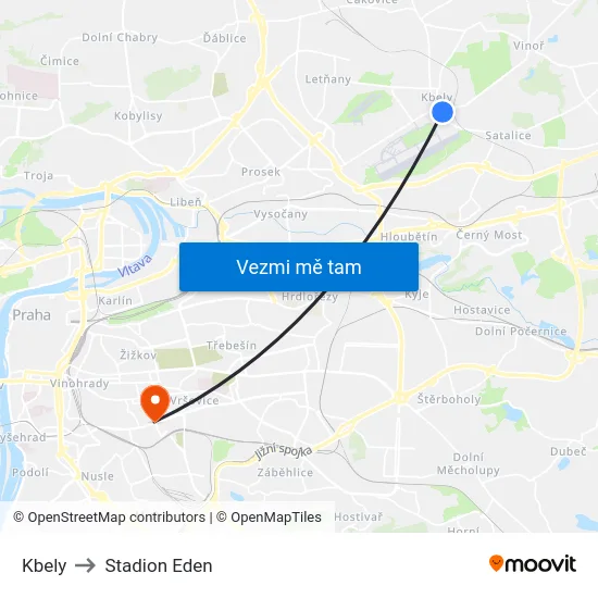 Kbely to Stadion Eden map