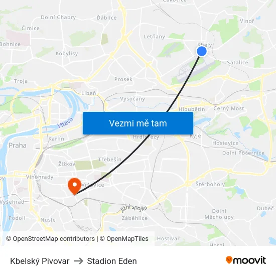 Kbelský Pivovar to Stadion Eden map