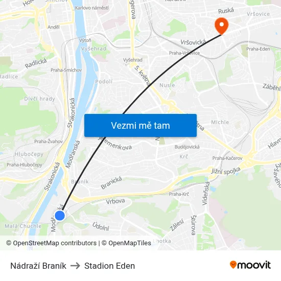 Nádraží Braník to Stadion Eden map