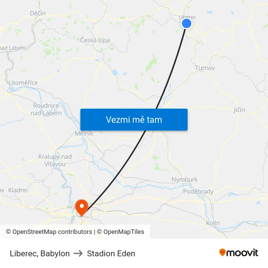 Liberec, Babylon to Stadion Eden map