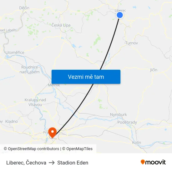 Liberec, Čechova to Stadion Eden map