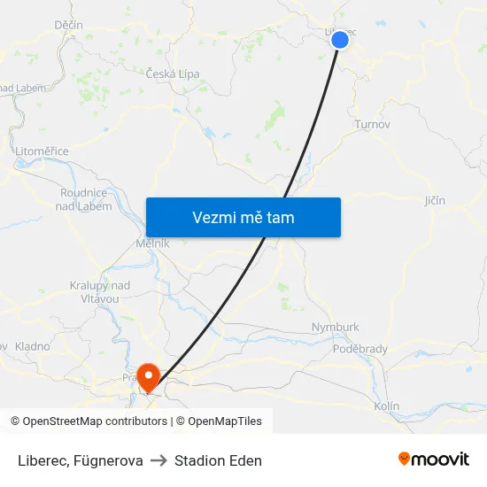 Liberec, Fügnerova to Stadion Eden map