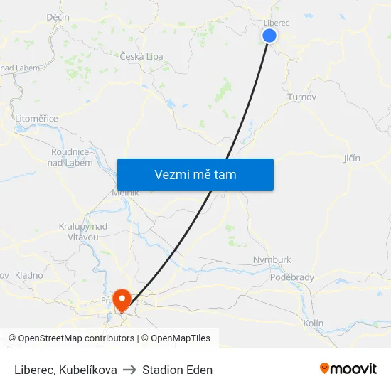 Liberec, Kubelíkova to Stadion Eden map