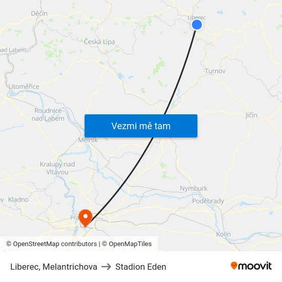 Liberec, Melantrichova to Stadion Eden map