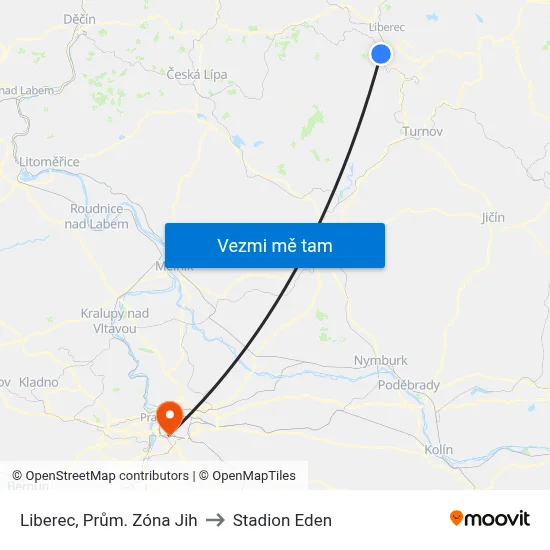 Liberec, Prům. Zóna Jih to Stadion Eden map