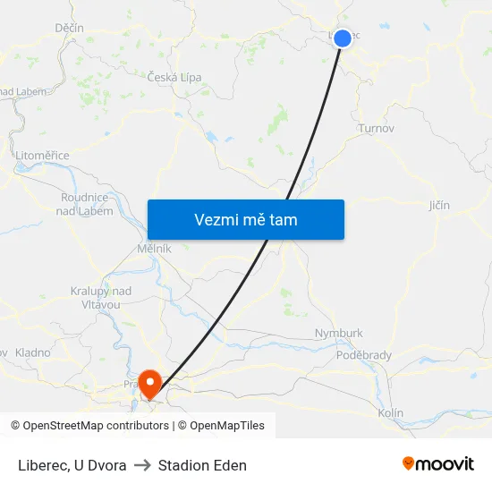 Liberec, U Dvora to Stadion Eden map