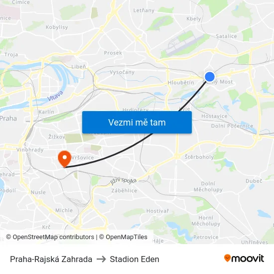 Praha-Rajská Zahrada to Stadion Eden map