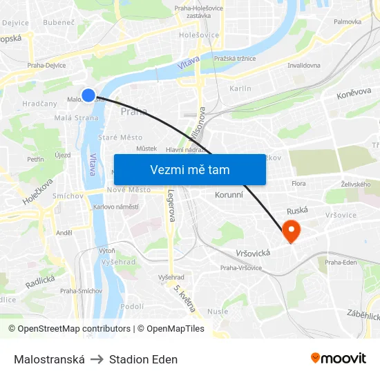 Malostranská to Stadion Eden map