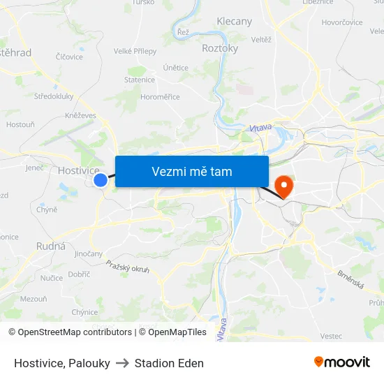 Hostivice, Palouky to Stadion Eden map