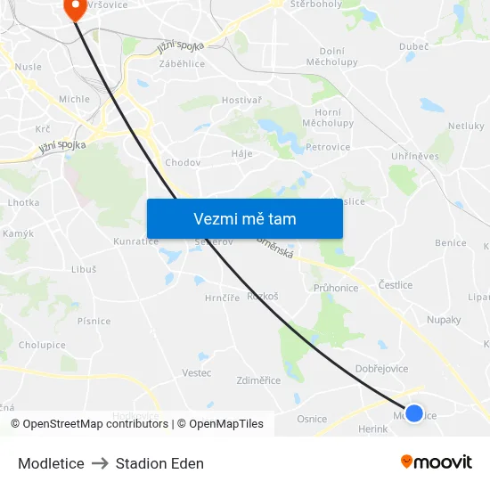 Modletice to Stadion Eden map