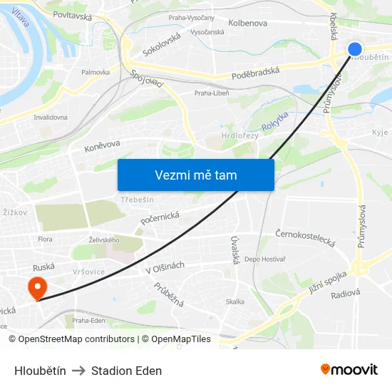 Hloubětín to Stadion Eden map