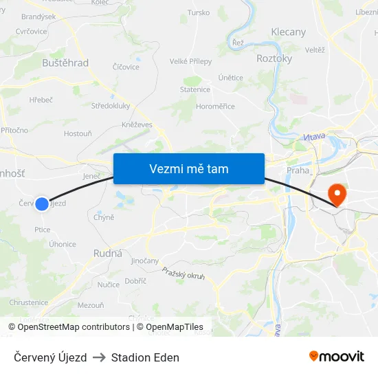 Červený Újezd to Stadion Eden map