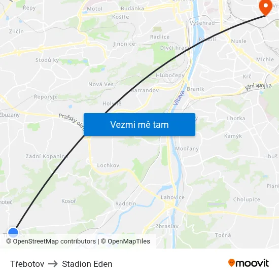 Třebotov to Stadion Eden map