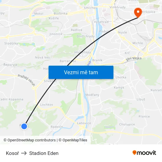 Kosoř to Stadion Eden map