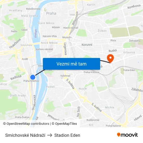 Smíchovské Nádraží to Stadion Eden map