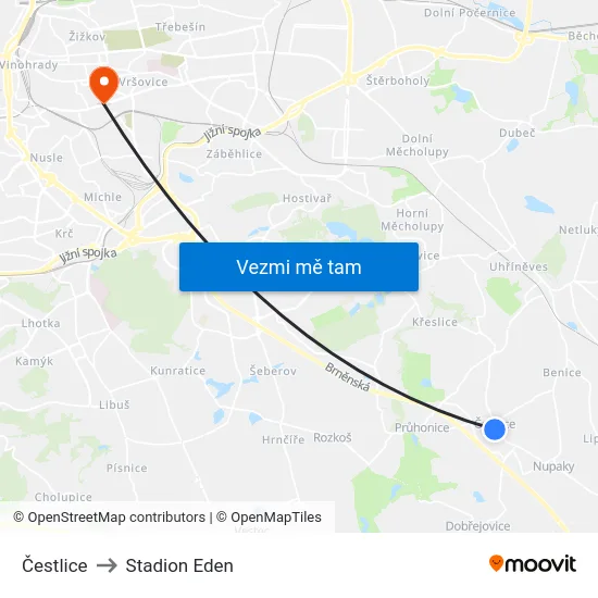 Čestlice to Stadion Eden map