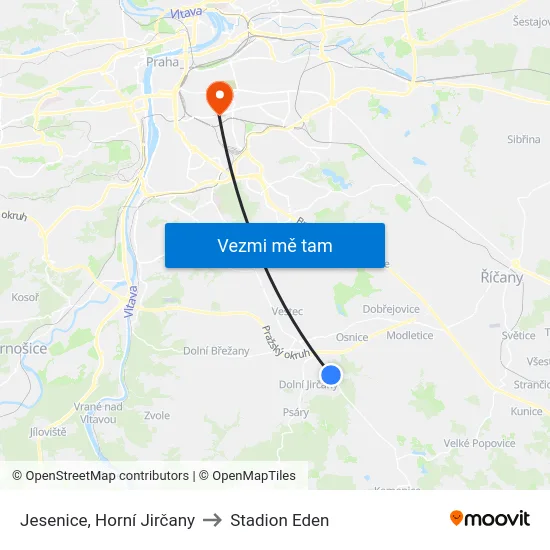 Jesenice, Horní Jirčany to Stadion Eden map
