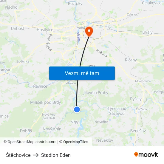 Štěchovice to Stadion Eden map