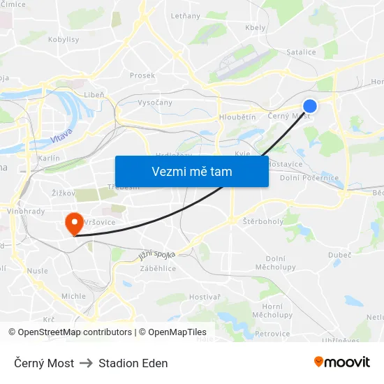 Černý Most to Stadion Eden map