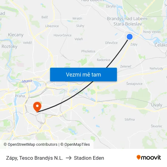 Zápy, Tesco Brandýs N.L. to Stadion Eden map