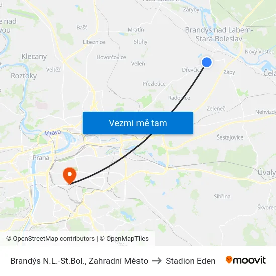 Brandýs N.L.-St.Bol., Zahradní Město to Stadion Eden map
