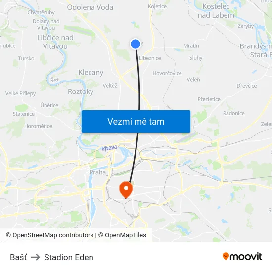 Bašť to Stadion Eden map