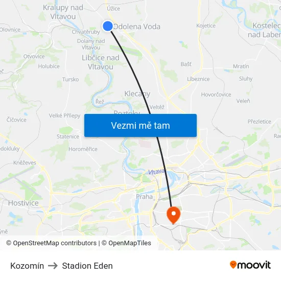 Kozomín to Stadion Eden map