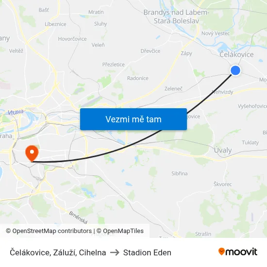 Čelákovice, Záluží, Cihelna to Stadion Eden map