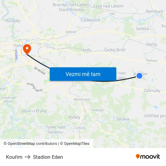 Kouřim to Stadion Eden map