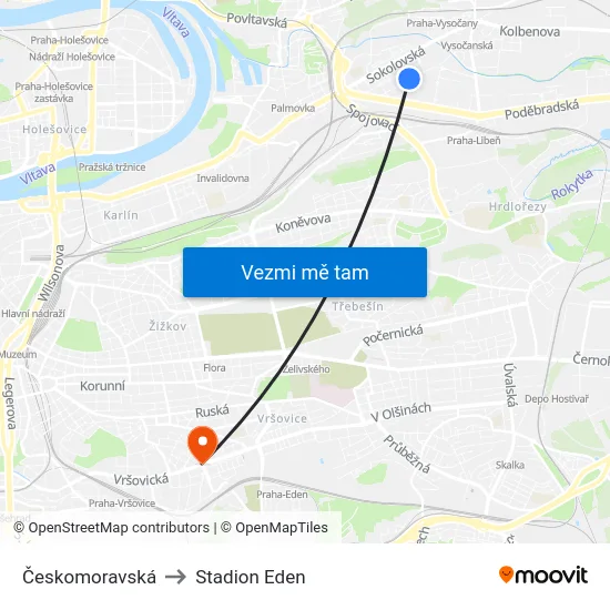Českomoravská to Stadion Eden map