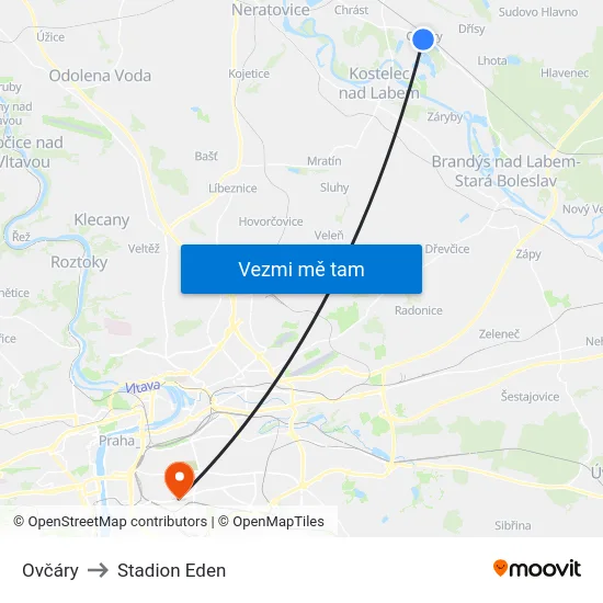 Ovčáry to Stadion Eden map