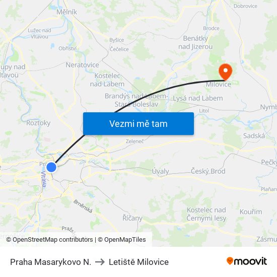 Praha Masarykovo N. to Letiště Milovice map