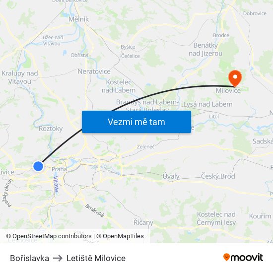 Bořislavka to Letiště Milovice map