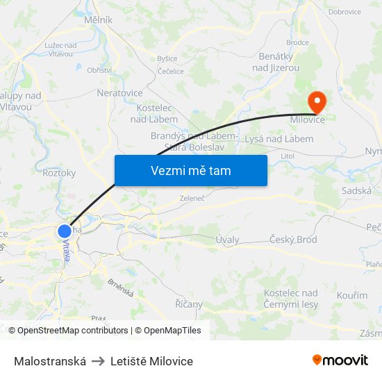 Malostranská to Letiště Milovice map