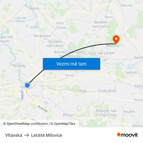 Vltavská to Letiště Milovice map