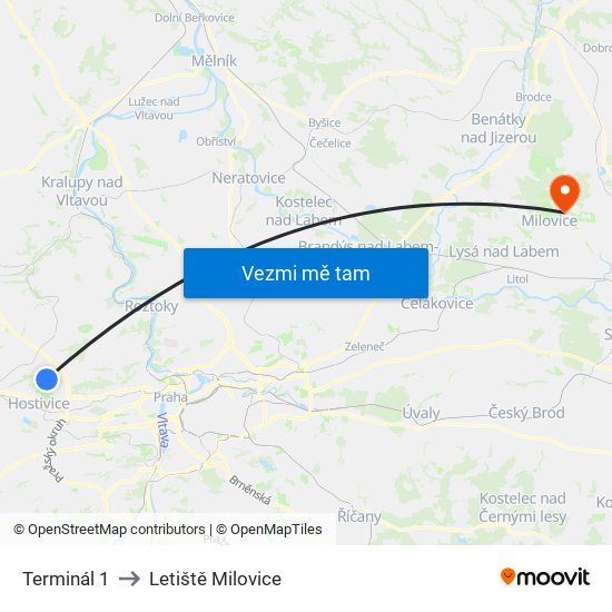 Terminál 1 to Letiště Milovice map