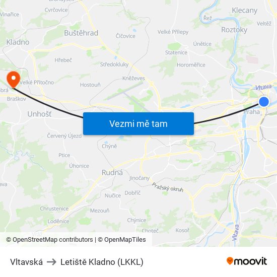 Vltavská to Letiště Kladno (LKKL) map
